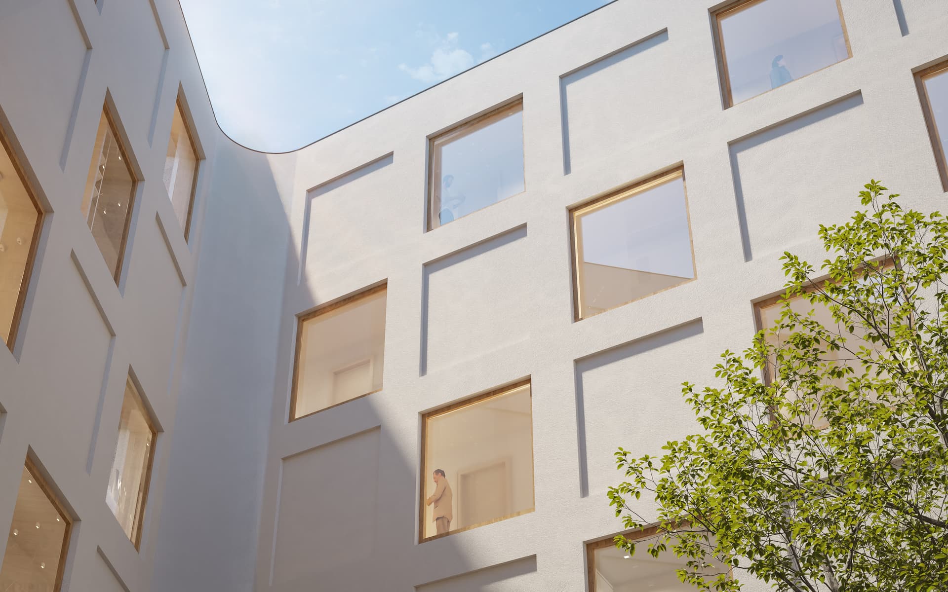 Photorealistic architectural visualization in the golden hour