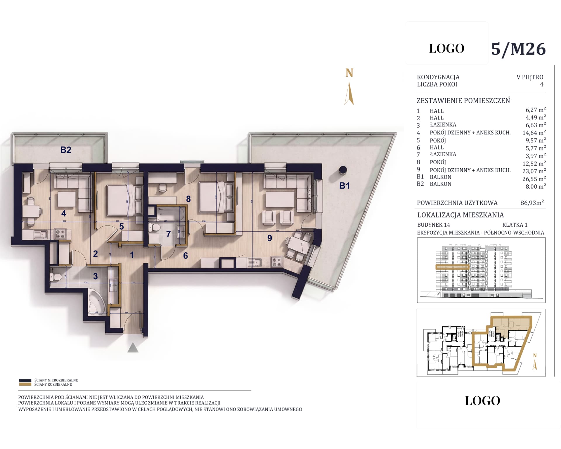 Unit sheet 5/M26—floor plan, room schedule and location