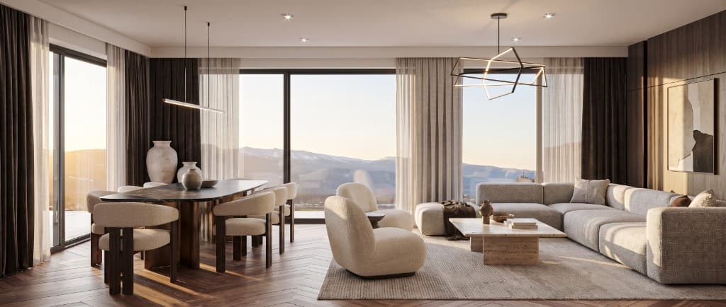 Interior visualization - living room and dining room with natural light
