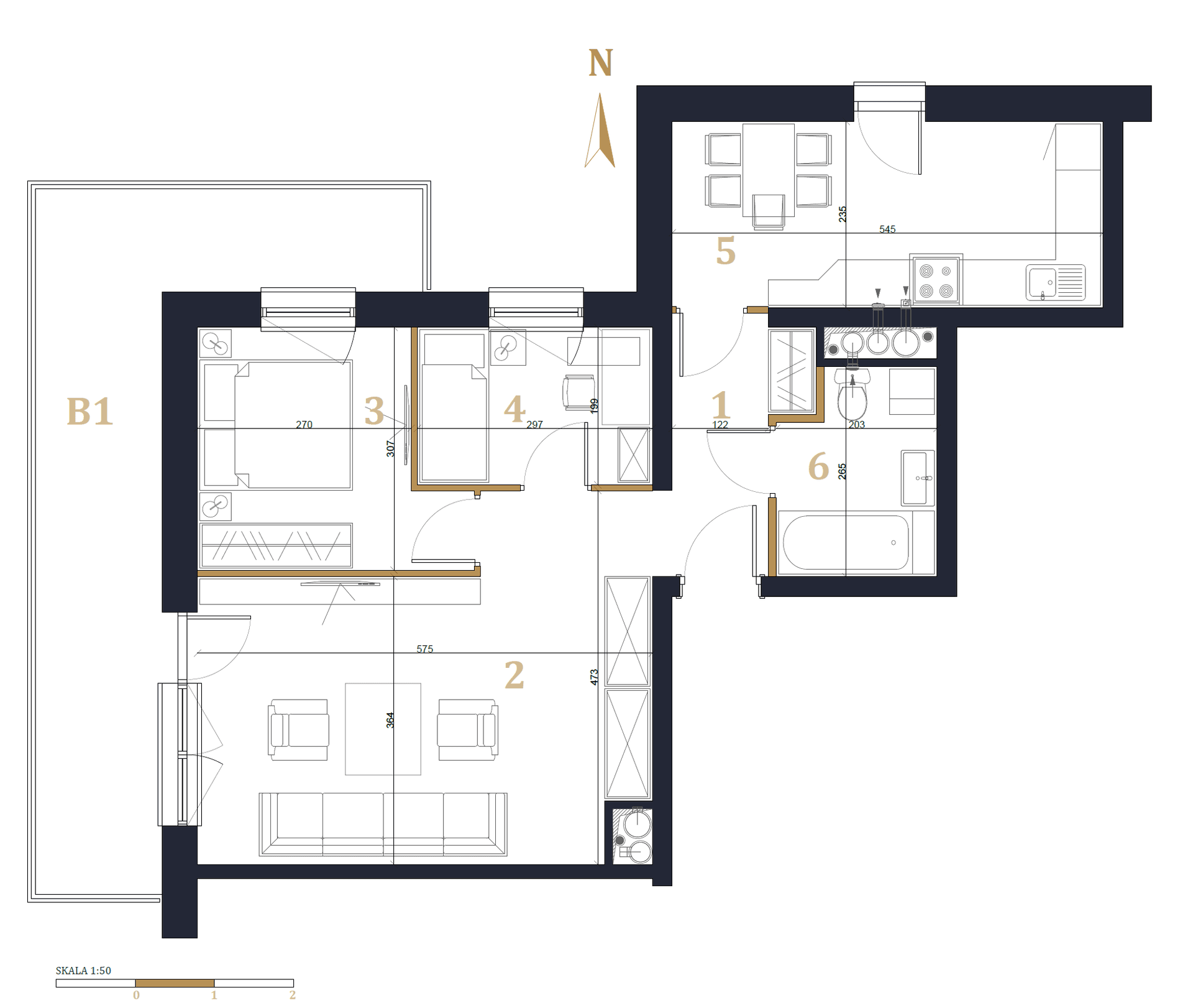 2D technical floor plan of unit M.08