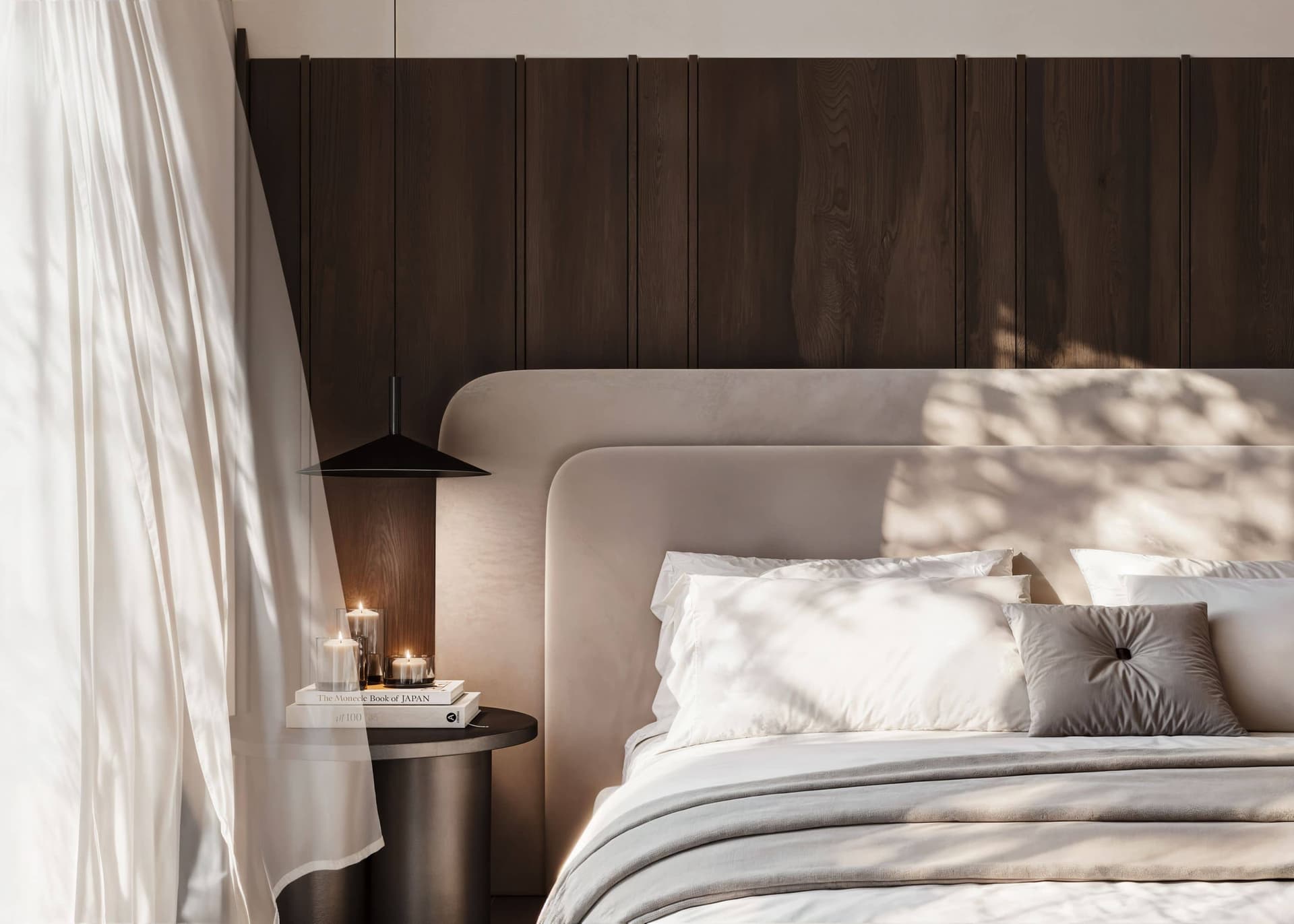 Bedroom with timber wall panelling at Zagórska House